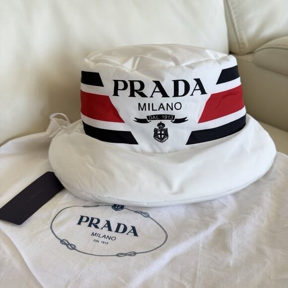 NWT Prada Re-Nylon Logo Printed Bucket Hat White Sz M main image 3
